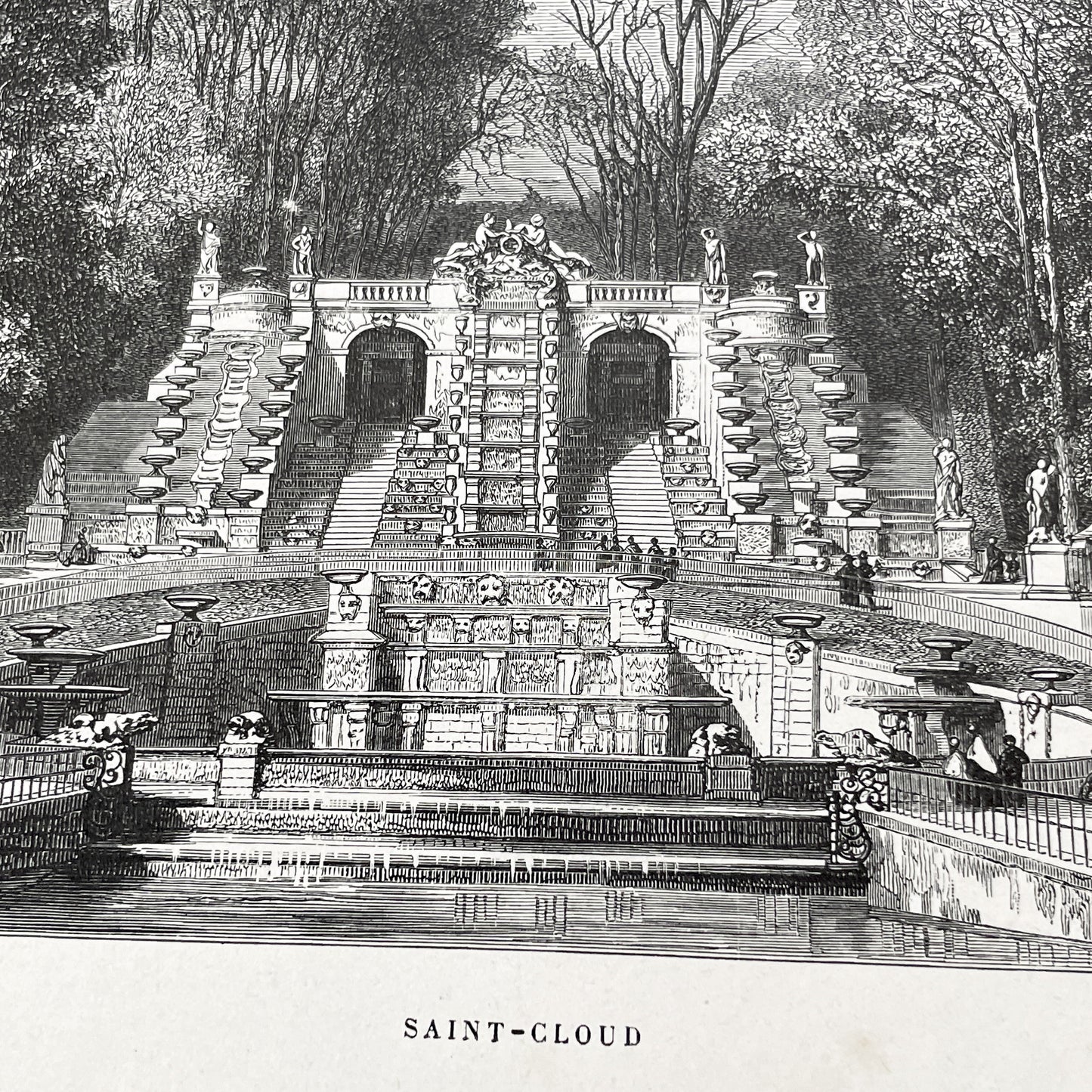 Late 19th - Detailed Engraving of Grand Cascade at Saint-Cloud - Vintage French Landscape Print by Sargent and Girardet - Parisian Garden