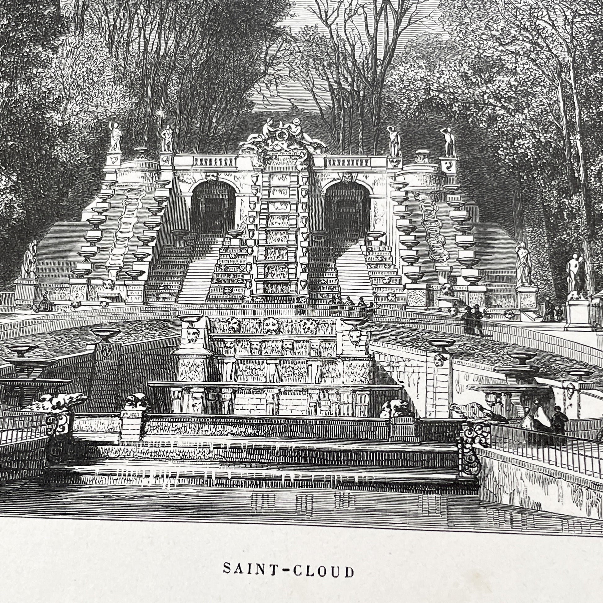 Late 19th - Detailed Engraving of Grand Cascade at Saint-Cloud - Vintage French Landscape Print by Sargent and Girardet - Parisian Garden
