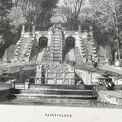 Late 19th - Detailed Engraving of Grand Cascade at Saint-Cloud - Vintage French Landscape Print by Sargent and Girardet - Parisian Garden