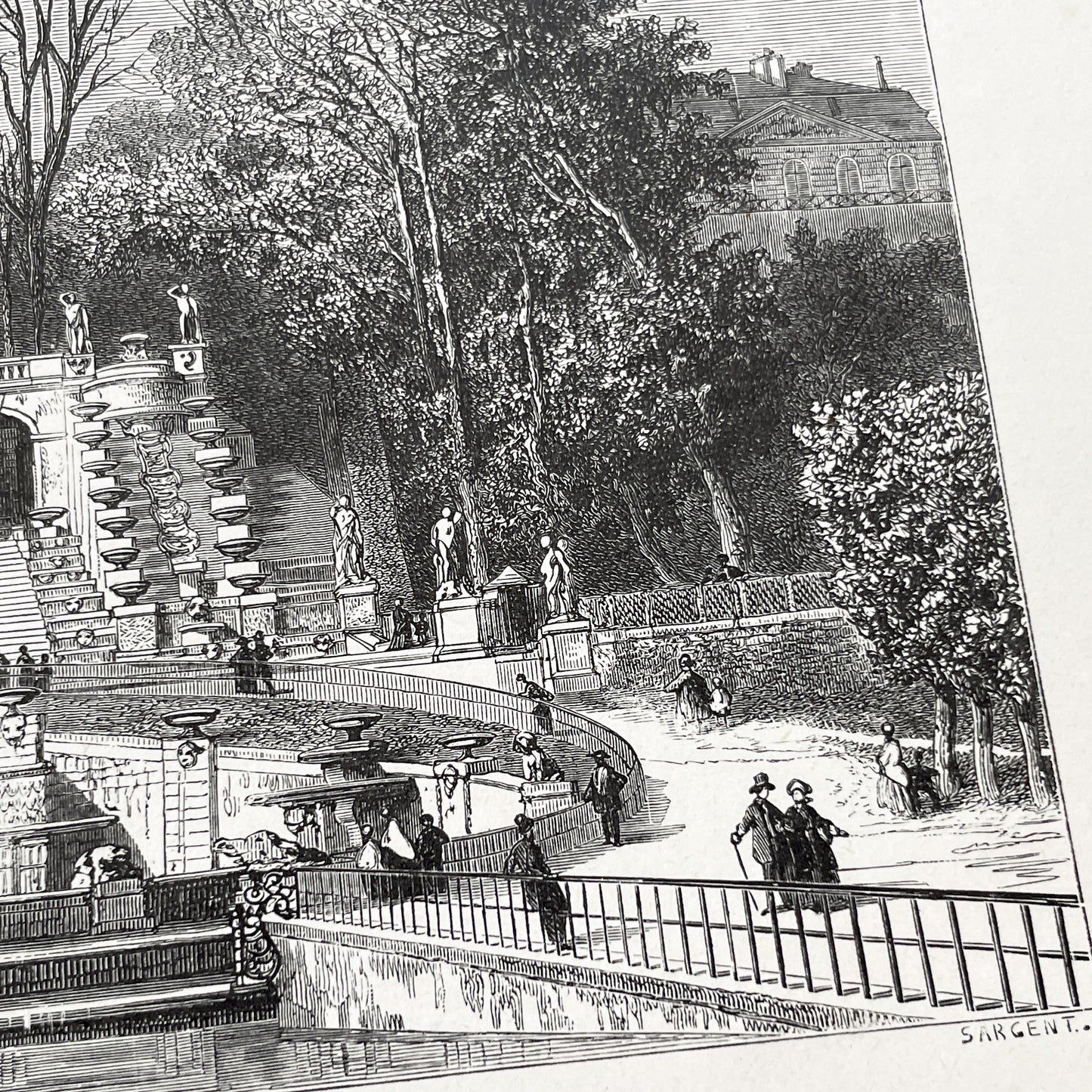 Late 19th - Detailed Engraving of Grand Cascade at Saint-Cloud - Vintage French Landscape Print by Sargent and Girardet - Parisian Garden