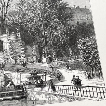 Late 19th - Detailed Engraving of Grand Cascade at Saint-Cloud - Vintage French Landscape Print by Sargent and Girardet - Parisian Garden