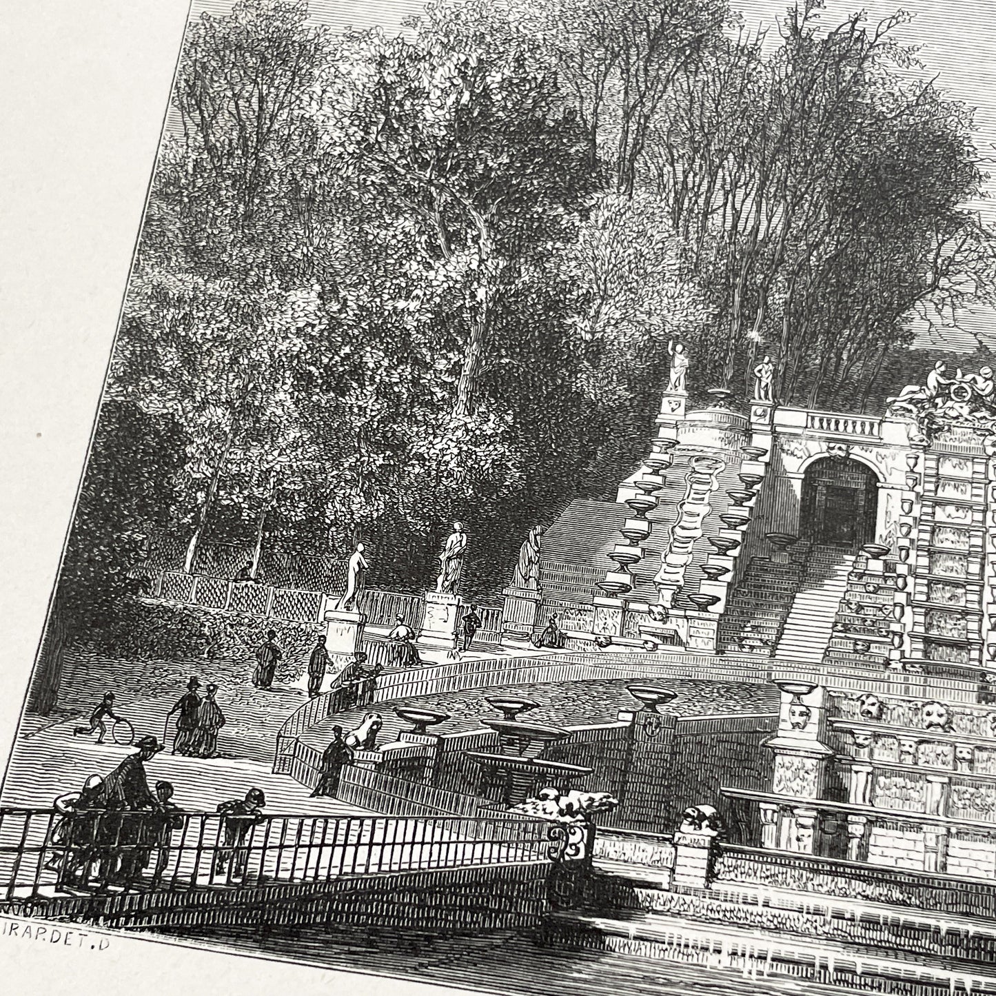 Late 19th - Detailed Engraving of Grand Cascade at Saint-Cloud - Vintage French Landscape Print by Sargent and Girardet - Parisian Garden
