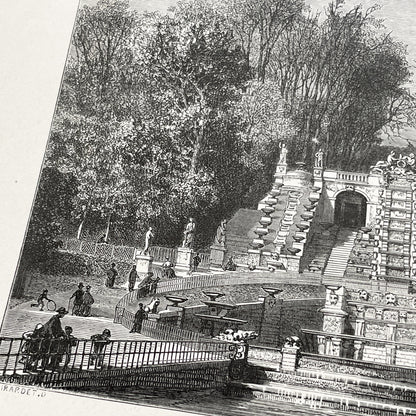 Late 19th - Detailed Engraving of Grand Cascade at Saint-Cloud - Vintage French Landscape Print by Sargent and Girardet - Parisian Garden