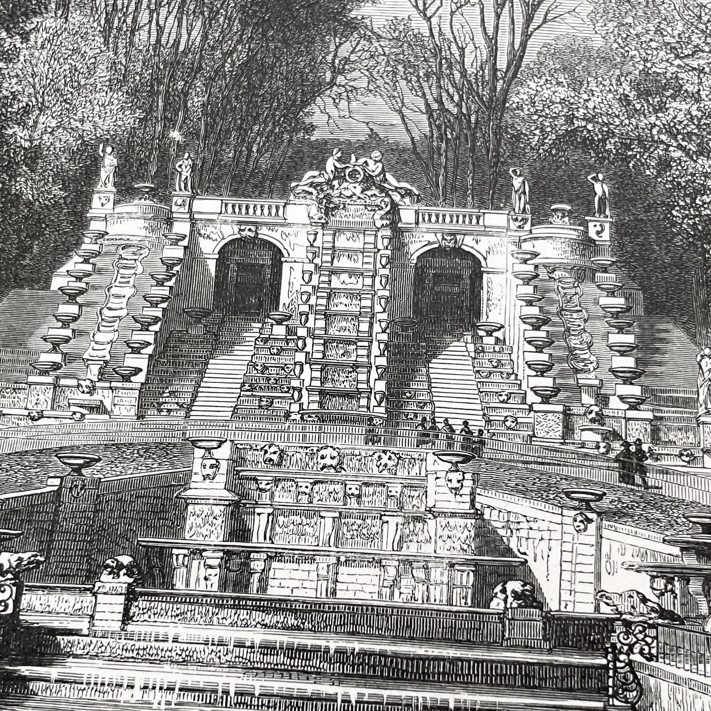 Late 19th - Detailed Engraving of Grand Cascade at Saint-Cloud - Vintage French Landscape Print by Sargent and Girardet - Parisian Garden