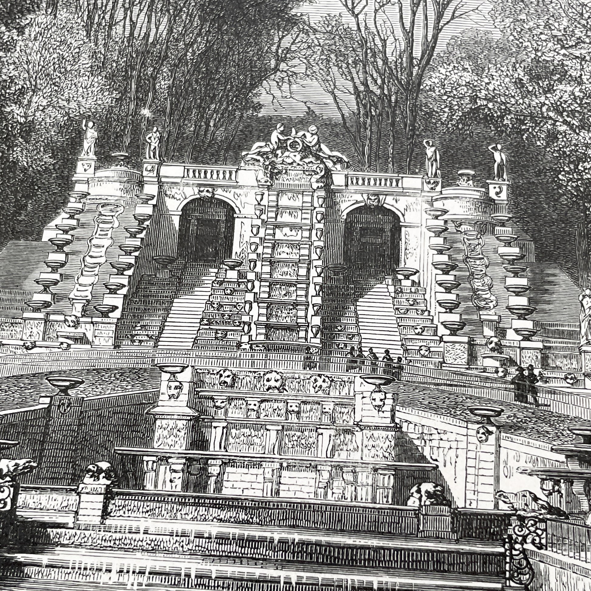 Late 19th - Detailed Engraving of Grand Cascade at Saint-Cloud - Vintage French Landscape Print by Sargent and Girardet - Parisian Garden