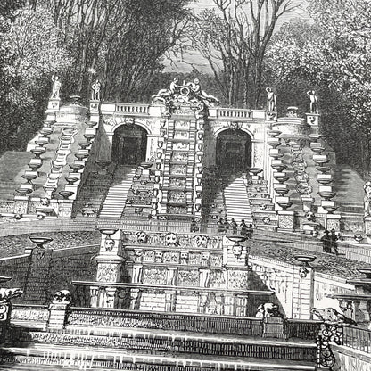 Late 19th - Detailed Engraving of Grand Cascade at Saint-Cloud - Vintage French Landscape Print by Sargent and Girardet - Parisian Garden