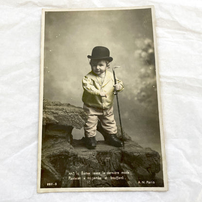1900s - Antique French Postcard - Humorous Dressed Baby Baron Portrait - Bowler Hat - Cane - Whimsical Fashion Satire - Paris