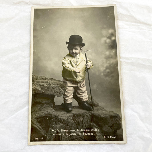 1900s - Antique French Postcard - Humorous Dressed Baby Baron Portrait - Bowler Hat - Cane - Whimsical Fashion Satire - Paris