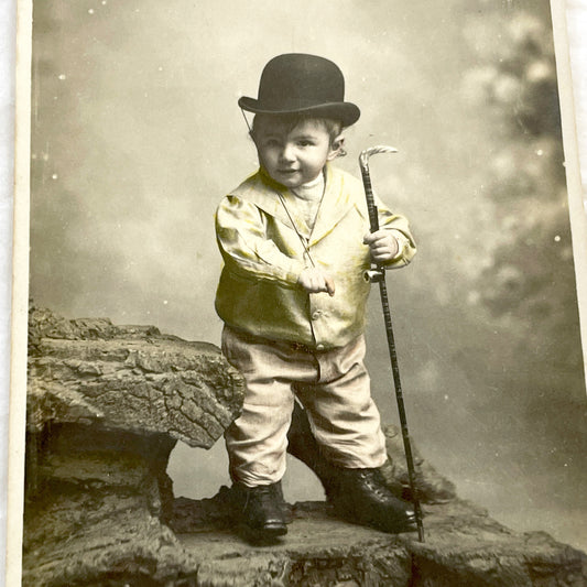 1900s - Antique French Postcard - Humorous Dressed Baby Baron Portrait - Bowler Hat - Cane - Whimsical Fashion Satire - Paris