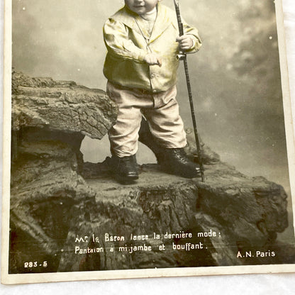 1900s - Antique French Postcard - Humorous Dressed Baby Baron Portrait - Bowler Hat - Cane - Whimsical Fashion Satire - Paris