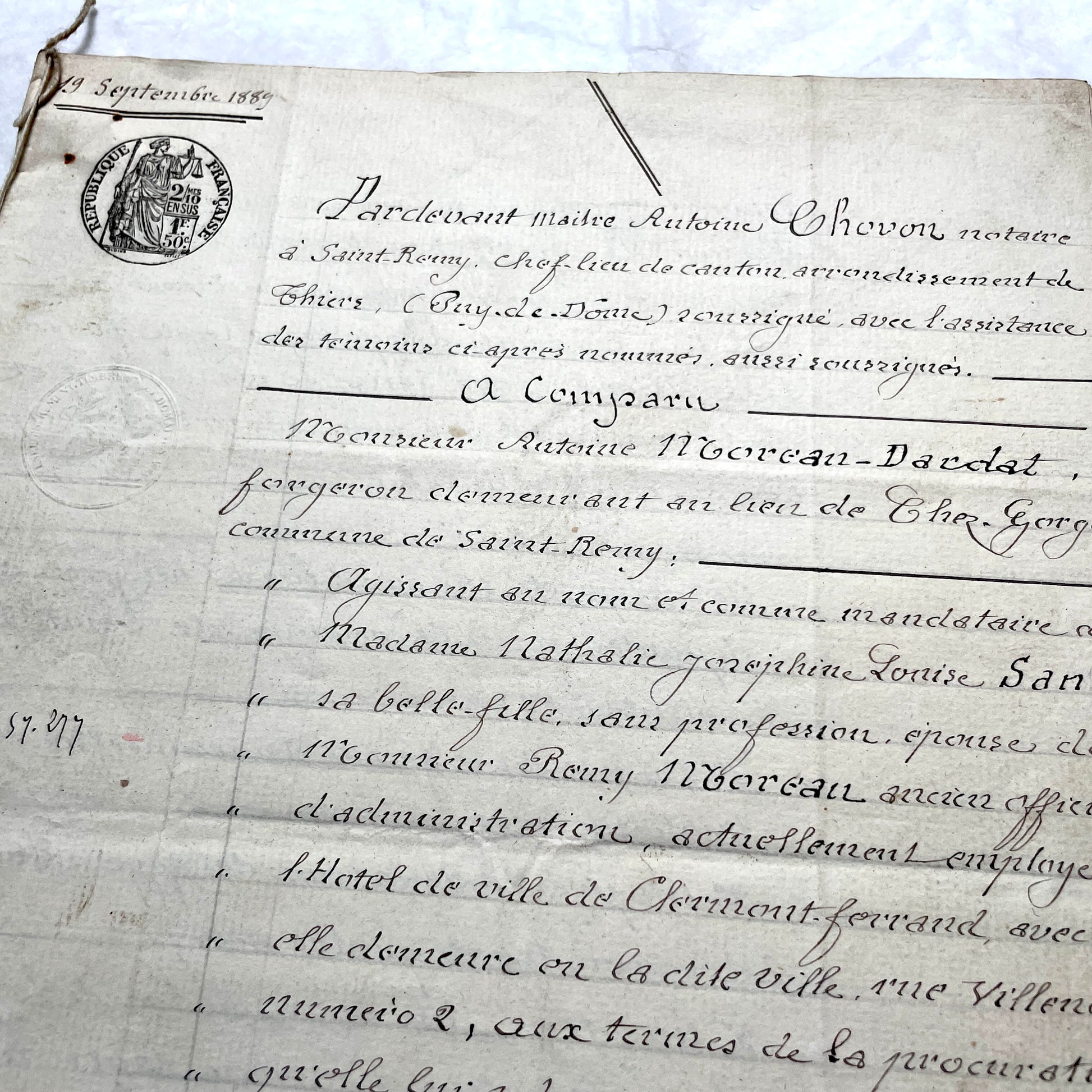 Late 19th century French notarial act from 1889, a handwritten legal document with Republic stamp and elegant script.
