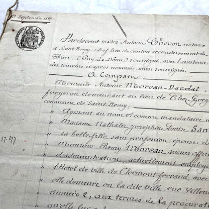 Late 19th century French notarial act from 1889, a handwritten legal document with Republic stamp and elegant script.