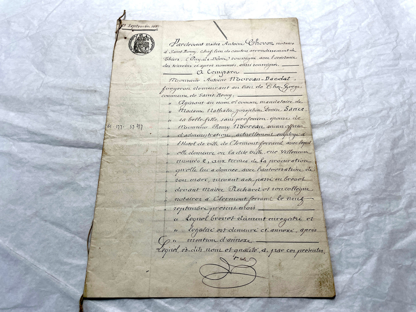 Late 19th century French notarial act from 1889, a handwritten legal document with Republic stamp and elegant script.