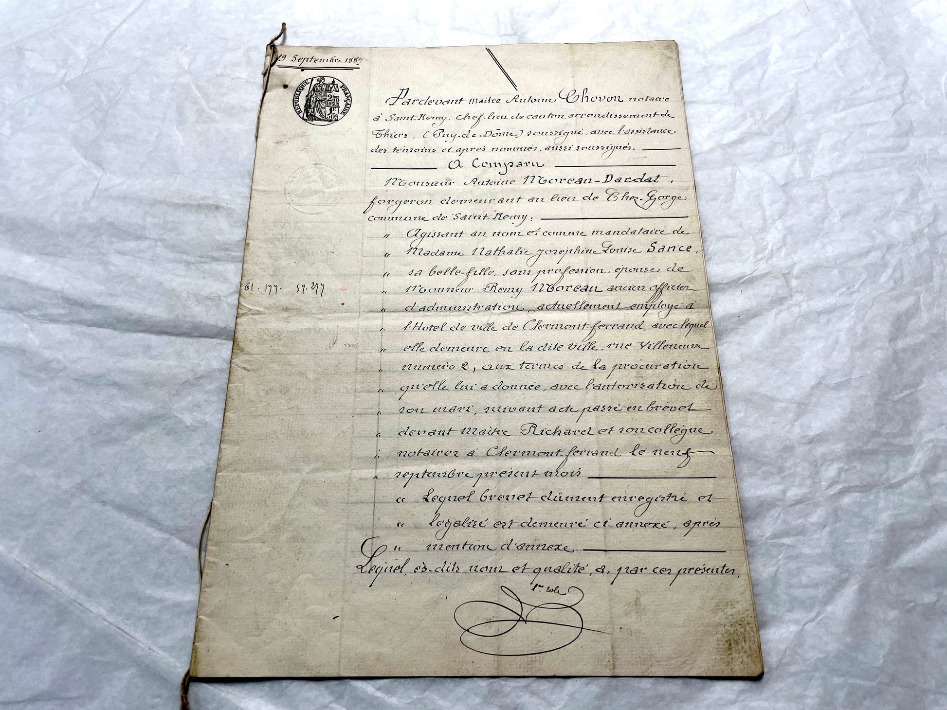 Late 19th century French notarial act from 1889, a handwritten legal document with Republic stamp and elegant script.