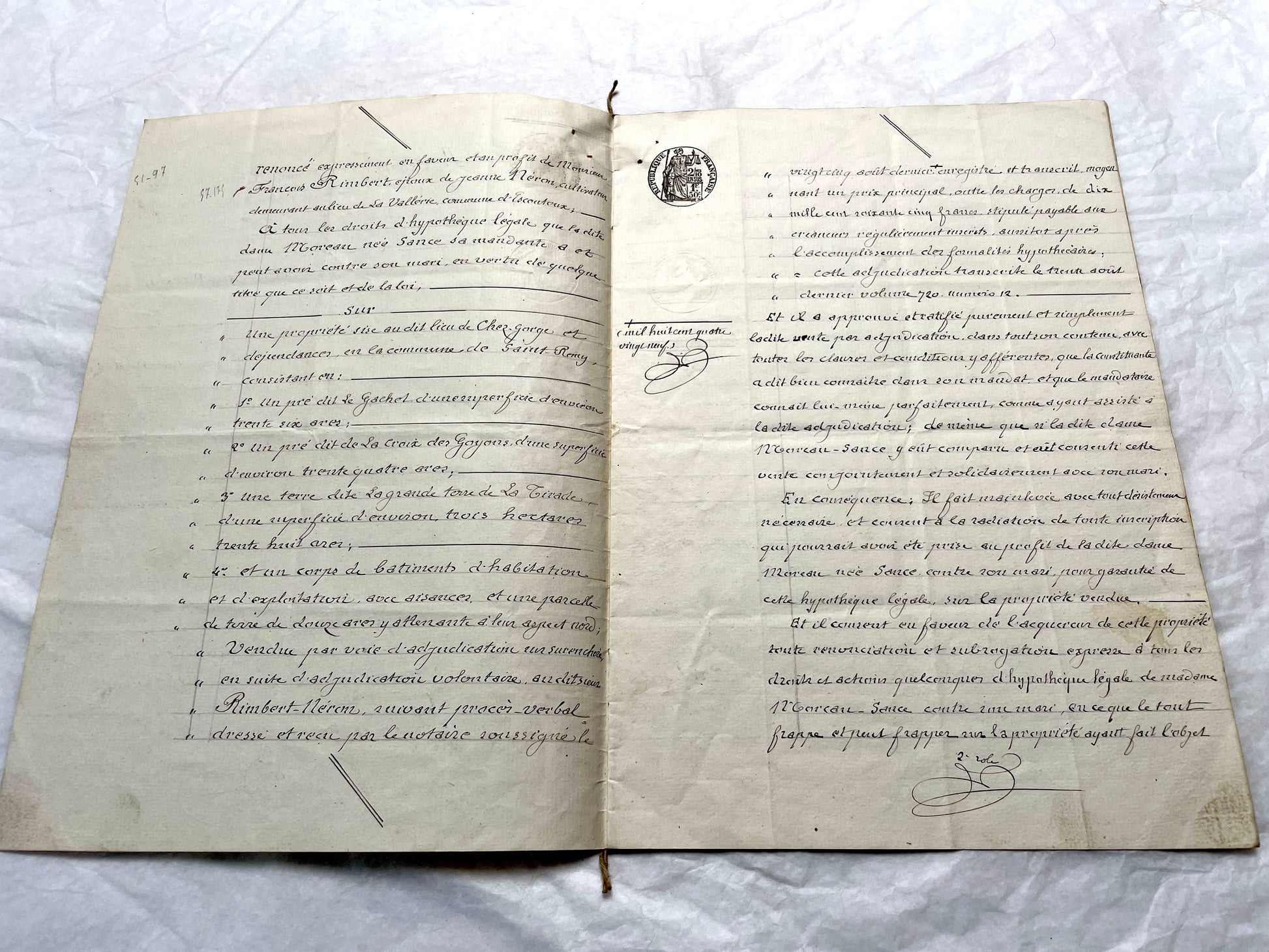 Late 19th century French notarial act from 1889, a handwritten legal document with Republic stamp and elegant script.