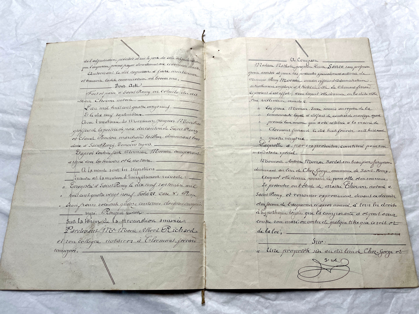 Late 19th century French notarial act from 1889, a handwritten legal document with Republic stamp and elegant script.