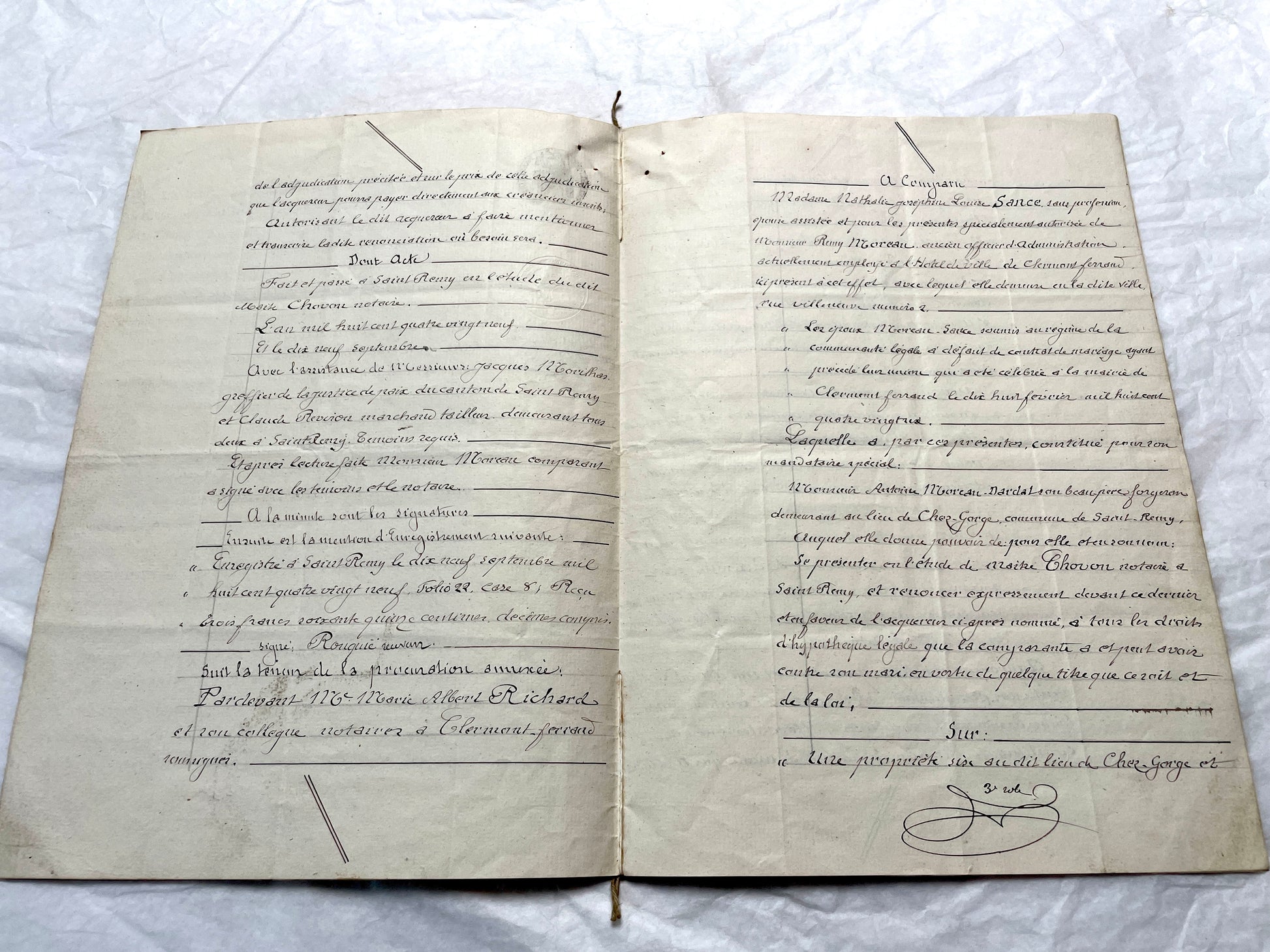 Late 19th century French notarial act from 1889, a handwritten legal document with Republic stamp and elegant script.