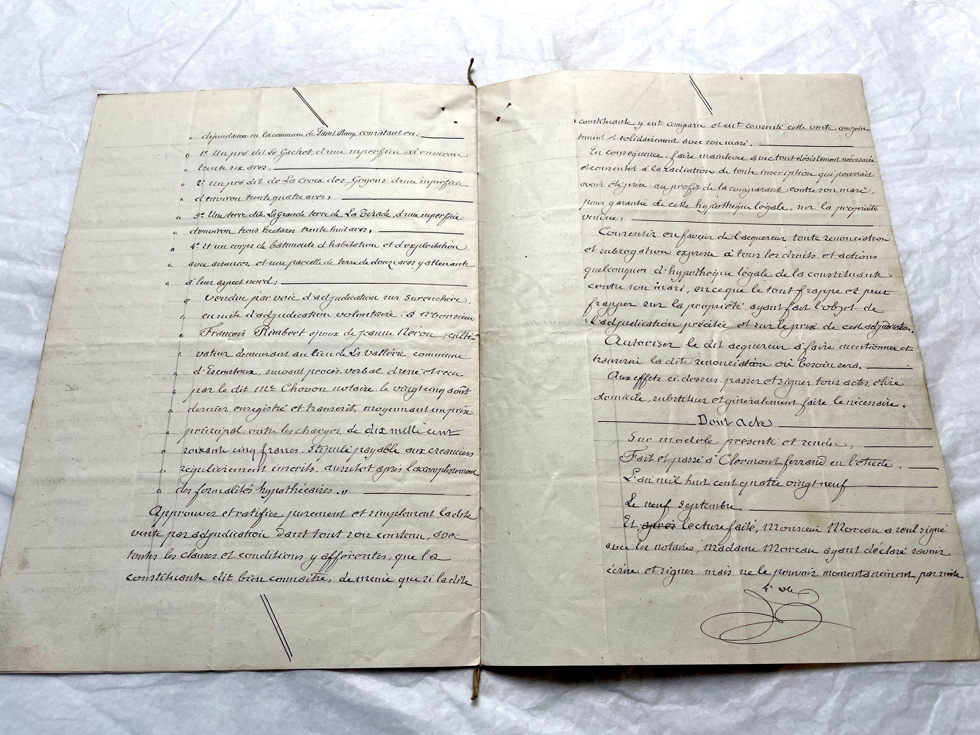Late 19th century French notarial act from 1889, a handwritten legal document with Republic stamp and elegant script.