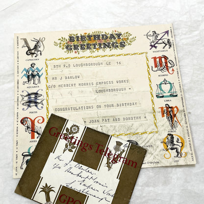 1950s - Vintage GPO Birthday Greetings Telegram with Zodiac Signs - Mid-Century British Post Office Astrological Message - UK Document