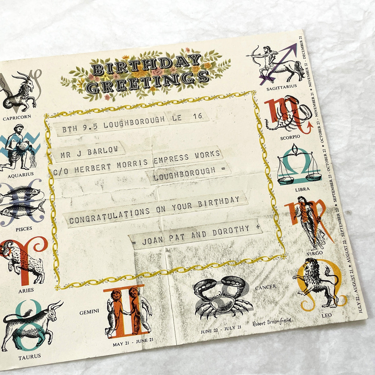 1950s - Vintage GPO Birthday Greetings Telegram with Zodiac Signs - Mid-Century British Post Office Astrological Message - UK Document