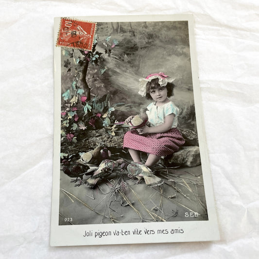 1900s - Vintage French Hand-Colored Child Postcard - Young Girl With Doves - Antique Portrait Ephemera - Sentimental Animal Scene Art