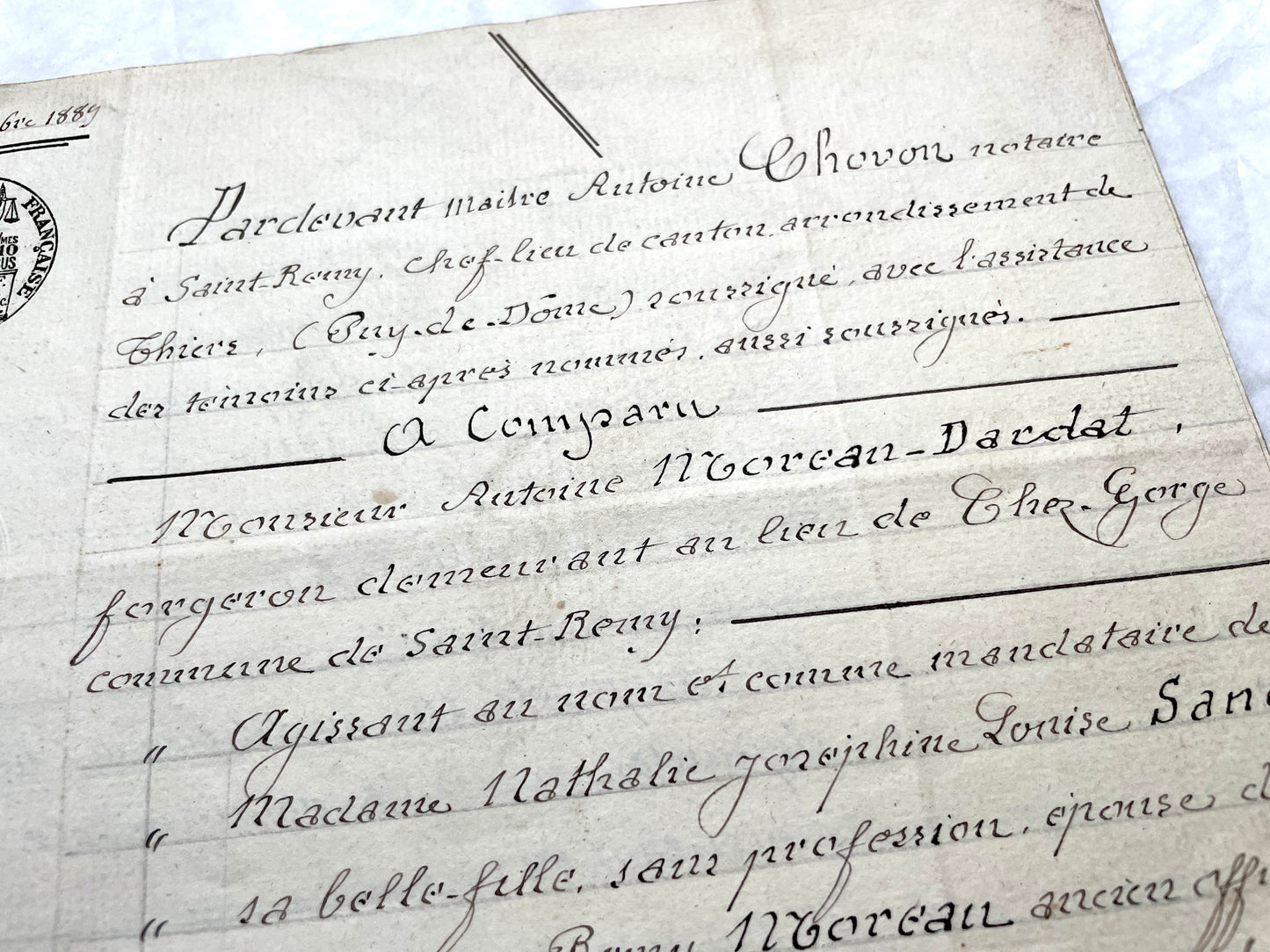 Late 19th century French notarial act from 1889, a handwritten legal document with Republic stamp and elegant script.