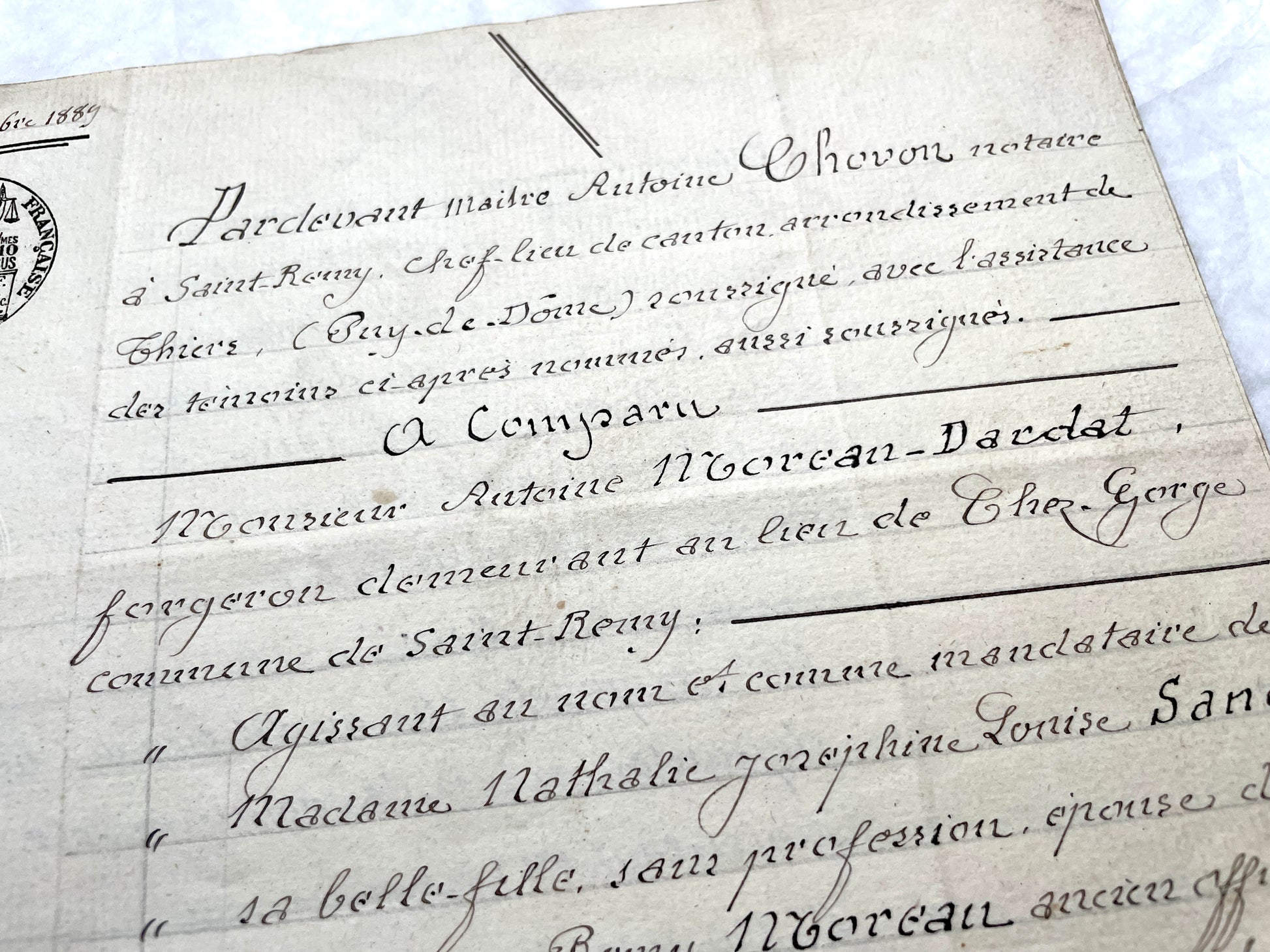 Late 19th century French notarial act from 1889, a handwritten legal document with Republic stamp and elegant script.