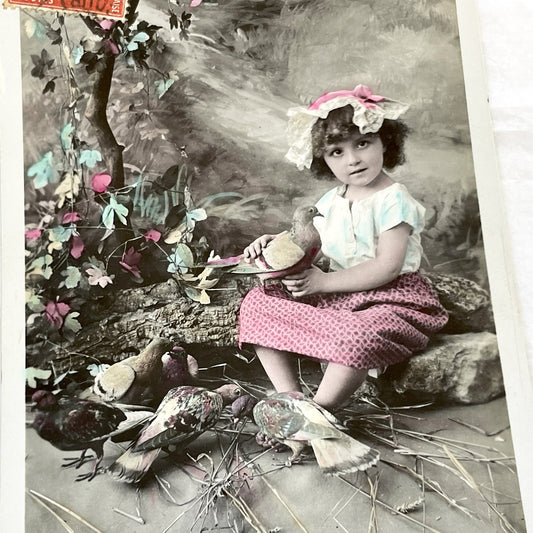 1900s - Vintage French Hand-Colored Child Postcard - Young Girl With Doves - Antique Portrait Ephemera - Sentimental Animal Scene Art