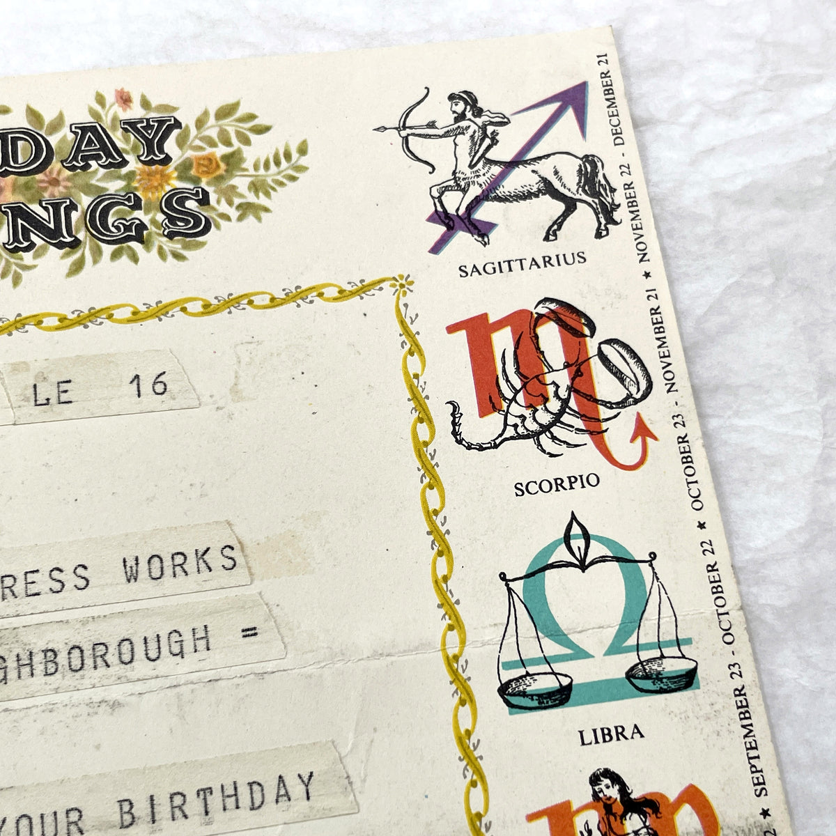 1950s - Vintage GPO Birthday Greetings Telegram with Zodiac Signs - Mid-Century British Post Office Astrological Message - UK Document