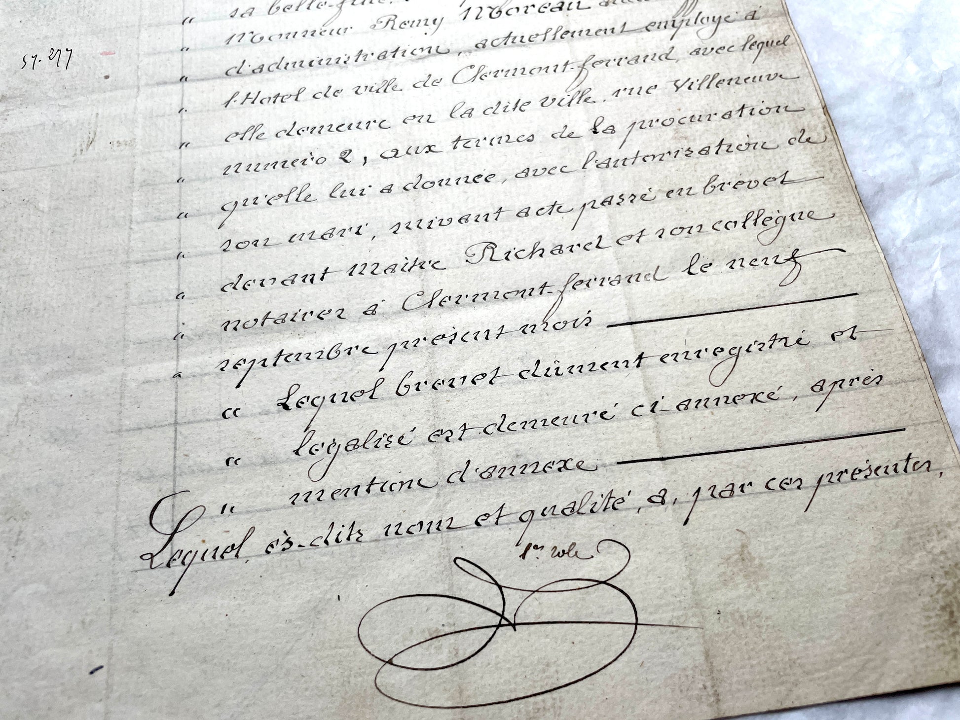 Late 19th century French notarial act from 1889, a handwritten legal document with Republic stamp and elegant script.