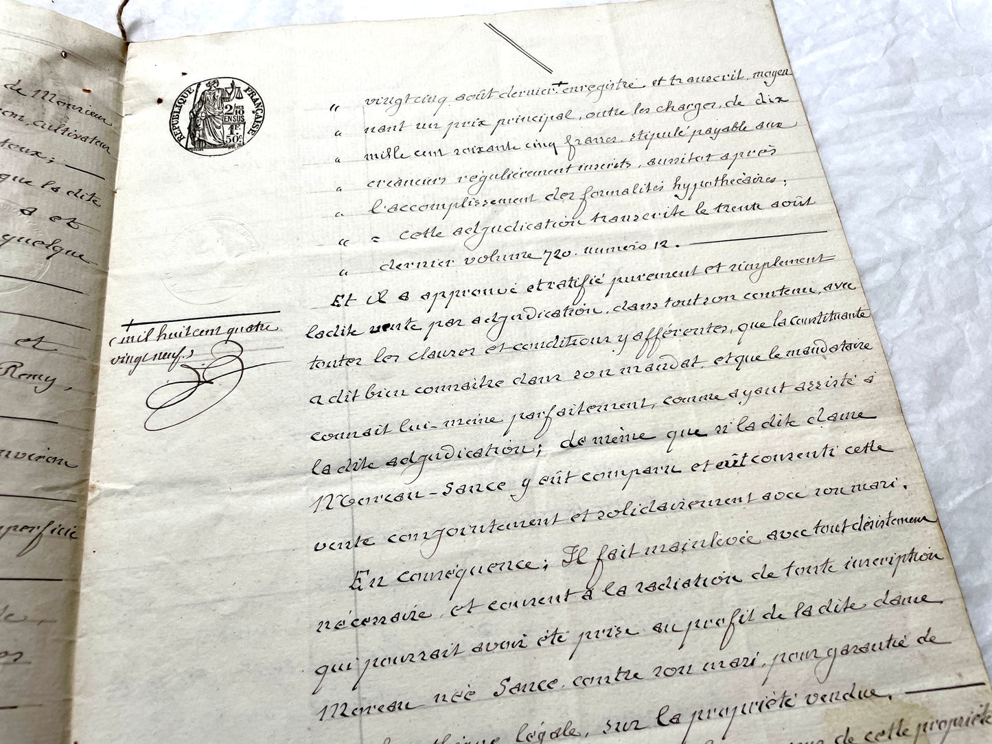 Late 19th century French notarial act from 1889, a handwritten legal document with Republic stamp and elegant script.