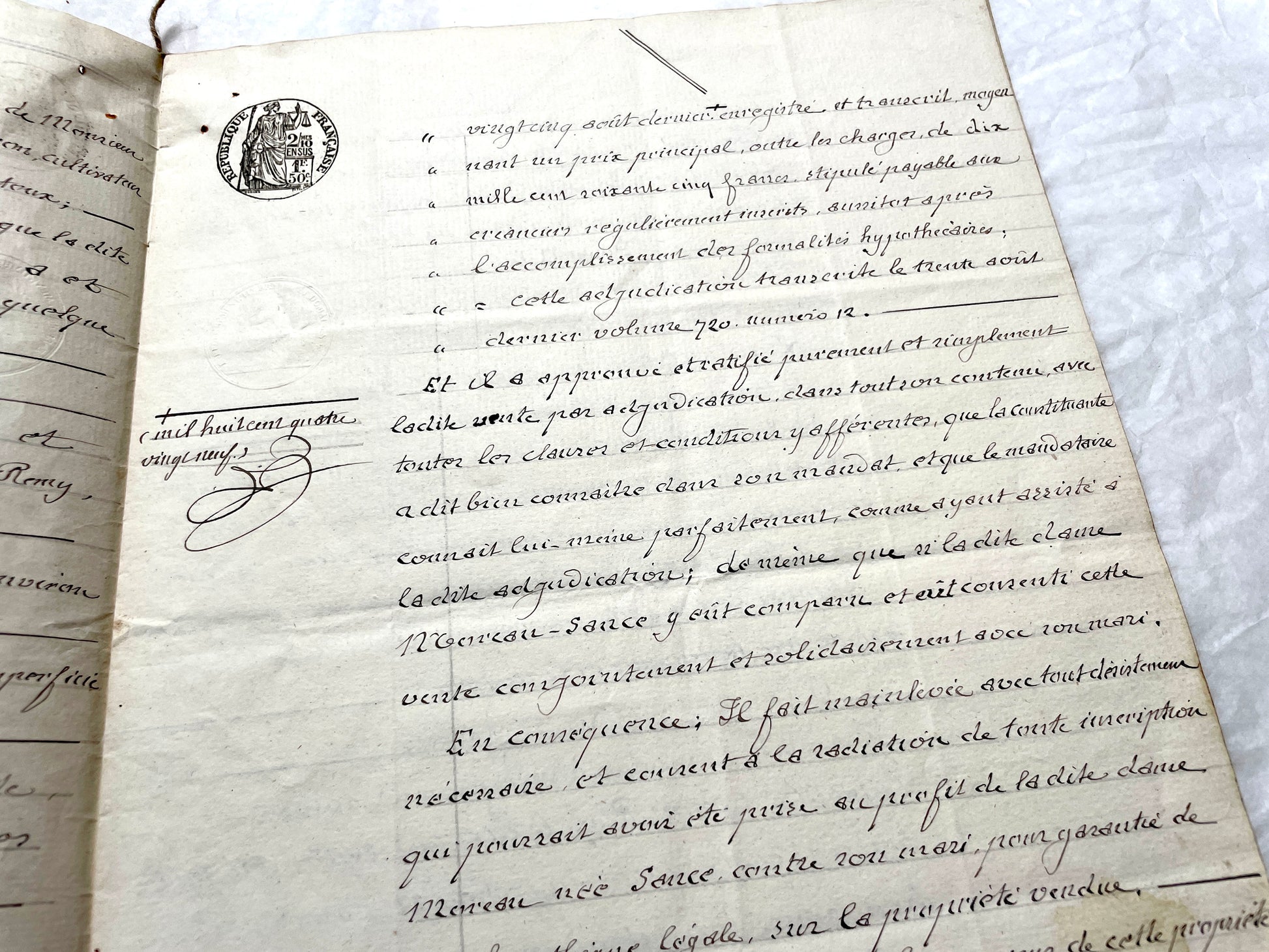 Late 19th century French notarial act from 1889, a handwritten legal document with Republic stamp and elegant script.