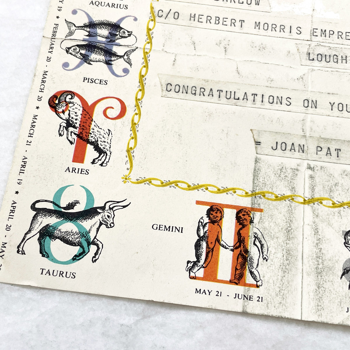1950s - Vintage GPO Birthday Greetings Telegram with Zodiac Signs - Mid-Century British Post Office Astrological Message - UK Document