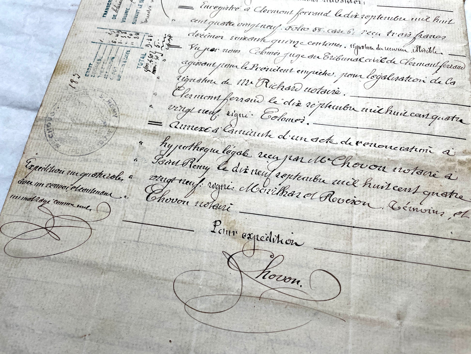 Late 19th century French notarial act from 1889, a handwritten legal document with Republic stamp and elegant script.