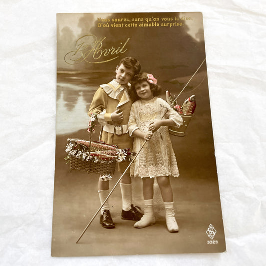 1900s - Antique French Postcard - Poisson D'Avril Children - Charming Fisher Boy Girl - Hand Colored Sepia Ephemera - Vintage Art -