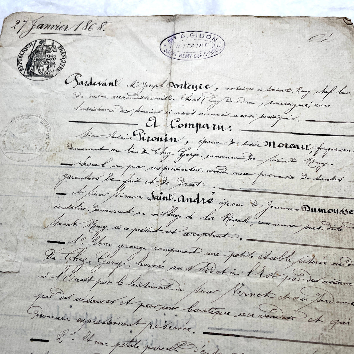 Mid 19th century French Notarial Act, dated 1868, featuring handwritten script and official stamps.