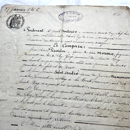 Mid 19th century French Notarial Act, dated 1868, featuring handwritten script and official stamps.