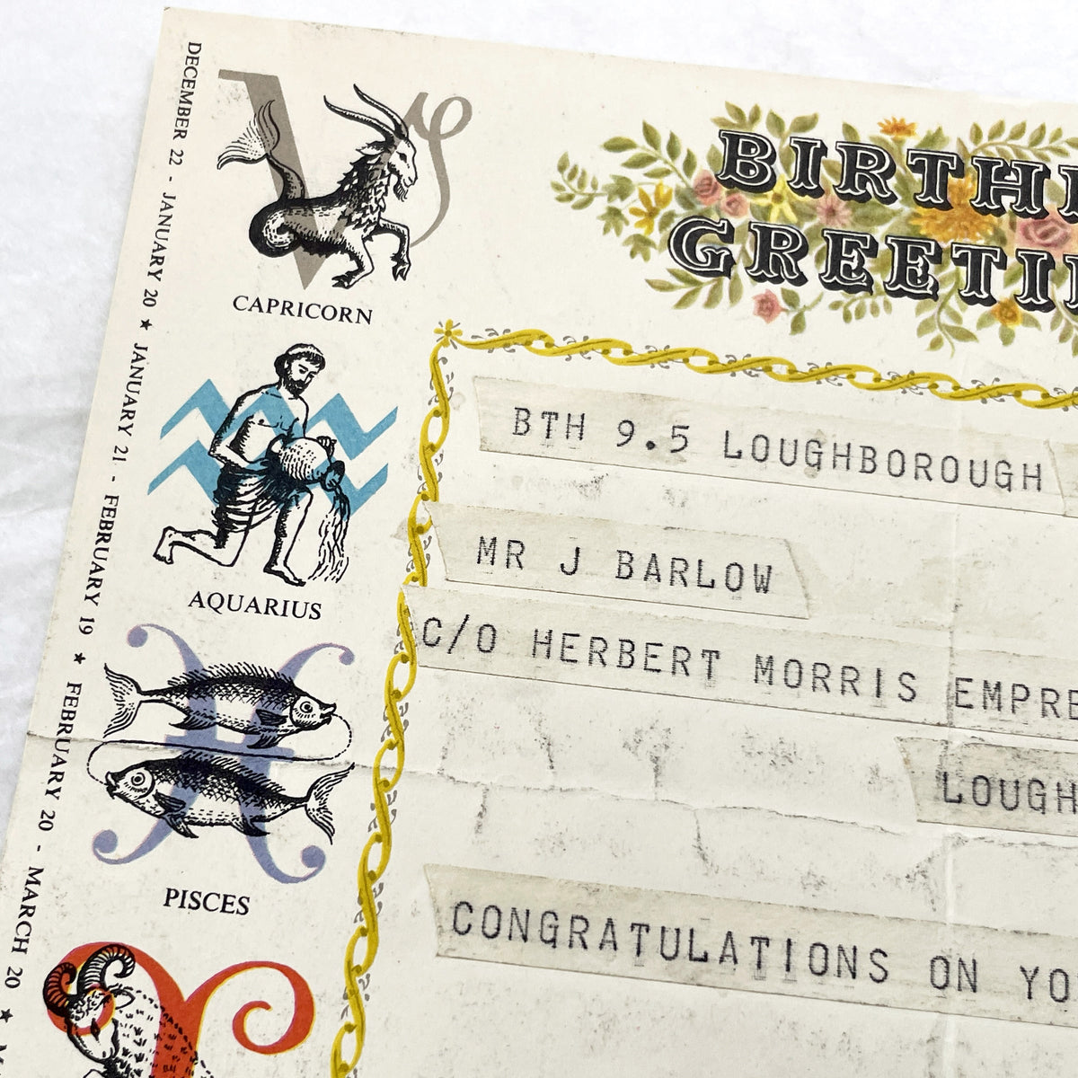 1950s - Vintage GPO Birthday Greetings Telegram with Zodiac Signs - Mid-Century British Post Office Astrological Message - UK Document
