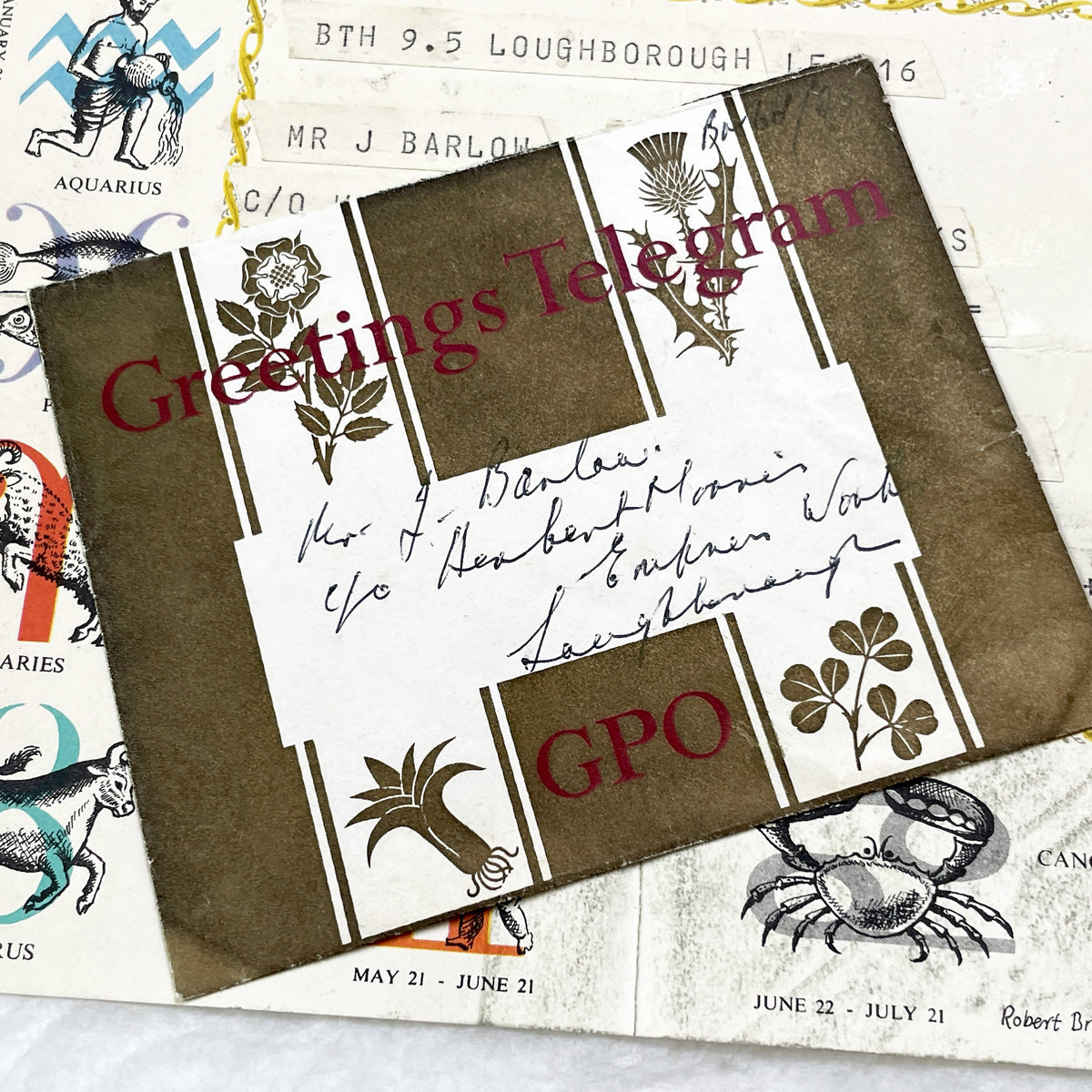 1950s - Vintage GPO Birthday Greetings Telegram with Zodiac Signs - Mid-Century British Post Office Astrological Message - UK Document
