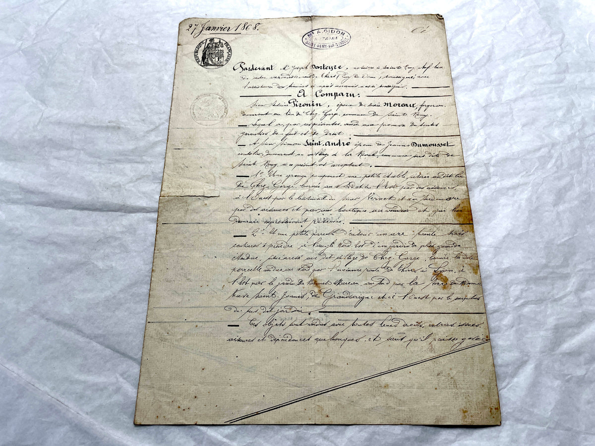 Mid 19th century French Notarial Act, dated 1868, featuring handwritten script and official stamps.