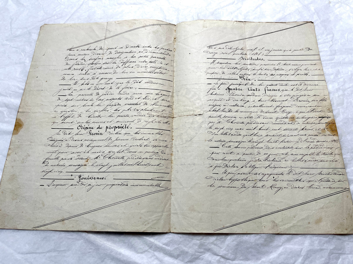 Mid 19th century French Notarial Act, dated 1868, featuring handwritten script and official stamps.