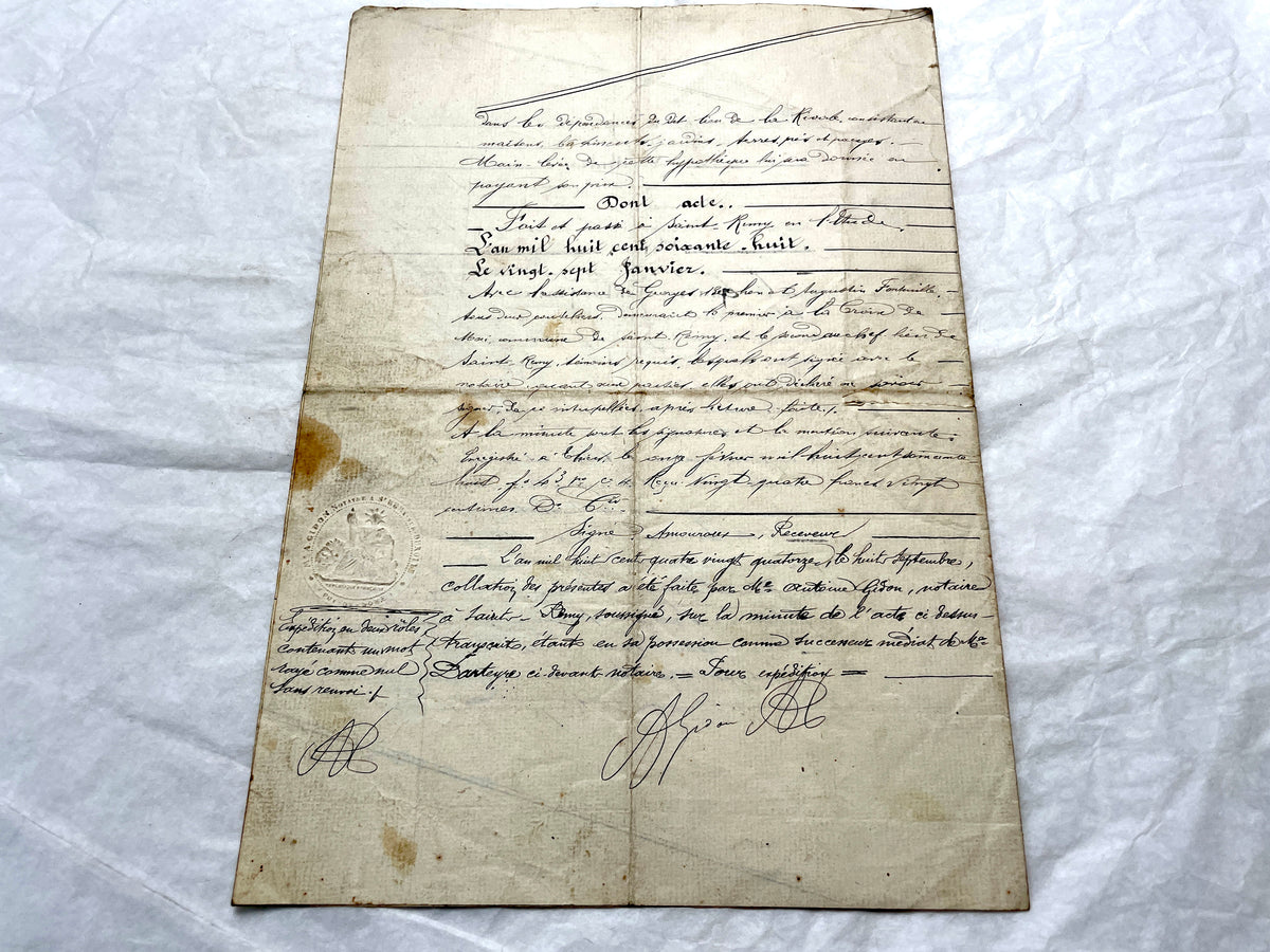Mid 19th century French Notarial Act, dated 1868, featuring handwritten script and official stamps.