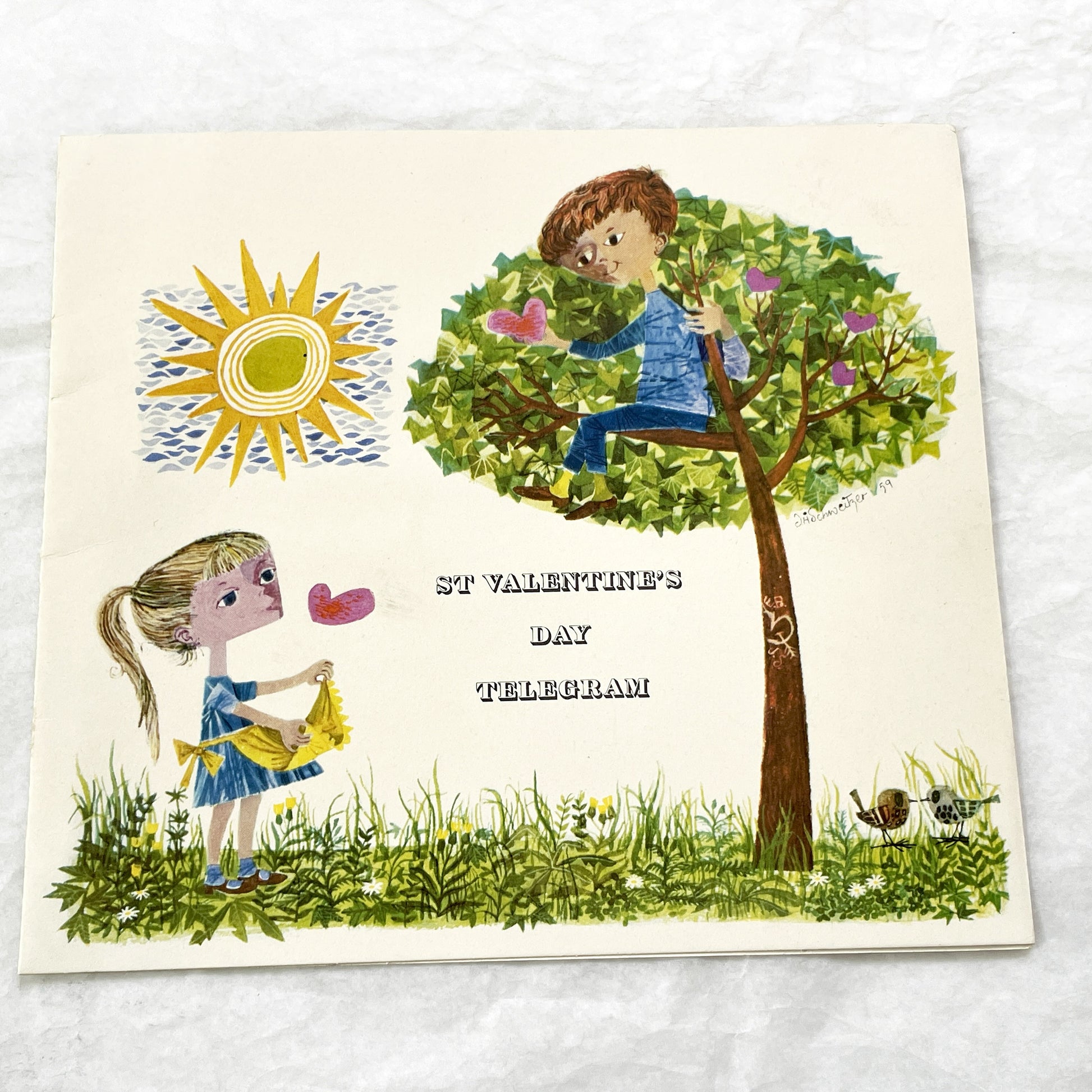 1960s - Vintage St Valentine's Day Telegram - Unique Illustrated Greeting Card - Mid-Century Romantic Gift