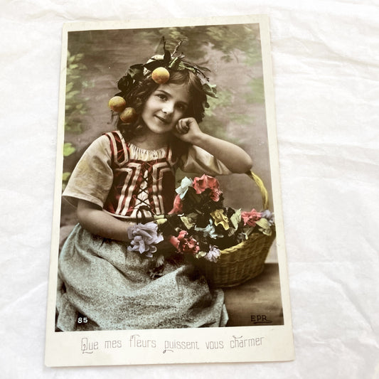 1910s - Antique Postcard Young Girl Flower Basket - French Sentiment 'Que Mes Fleurs Puissent Vous Charmer' - Collectible Ephemera.