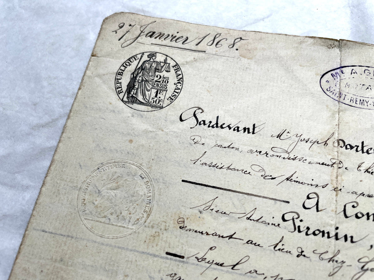 Mid 19th century French Notarial Act, dated 1868, featuring handwritten script and official stamps.