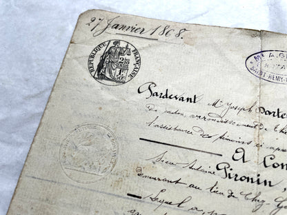 Mid 19th century French Notarial Act, dated 1868, featuring handwritten script and official stamps.