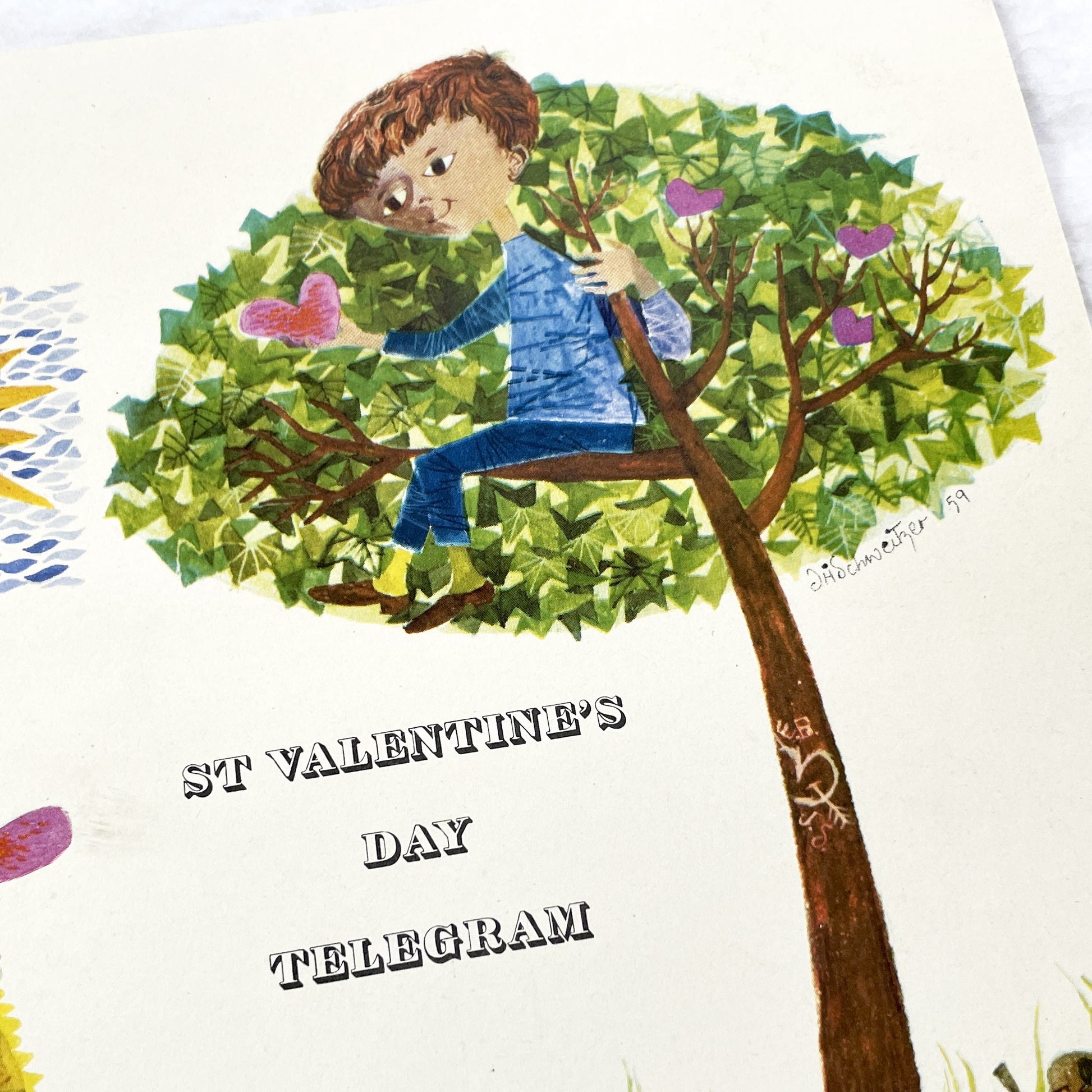 1960s - Vintage St Valentine's Day Telegram - Unique Illustrated Greeting Card - Mid-Century Romantic Gift