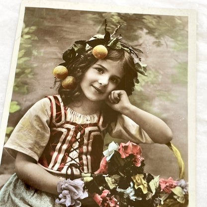1910s - Antique Postcard Young Girl Flower Basket - French Sentiment 'Que Mes Fleurs Puissent Vous Charmer' - Collectible Ephemera.