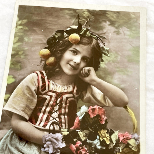 1910s - Antique Postcard Young Girl Flower Basket - French Sentiment 'Que Mes Fleurs Puissent Vous Charmer' - Collectible Ephemera.
