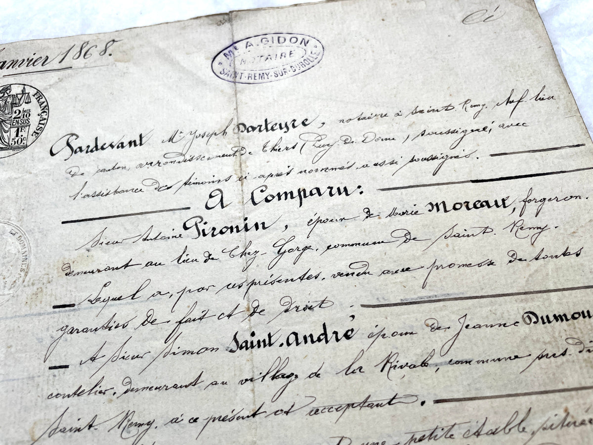 Mid 19th century French Notarial Act, dated 1868, featuring handwritten script and official stamps.